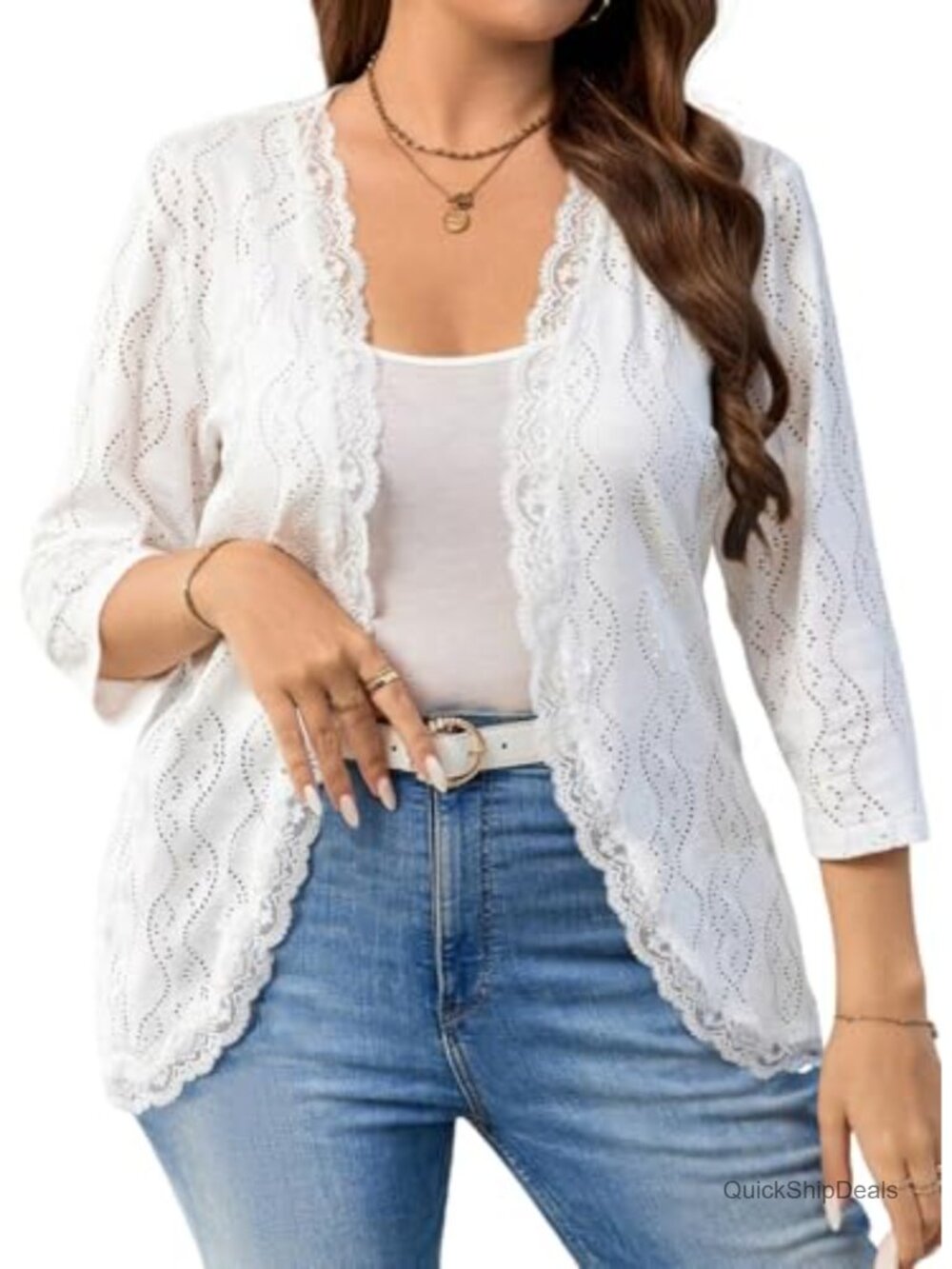 Plus Size Open Front Jacquard Knit Cardigan Half Sleeve Lace Summer Tops